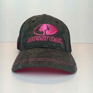 Mossy Oak Hat Cap Strap Back Womens One Size Black Camo Mesh Trucker Pink Logo